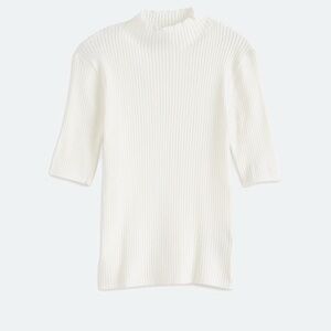 Faith & Zoe Cream Ribbed Mock Neck Short Sleeve Top